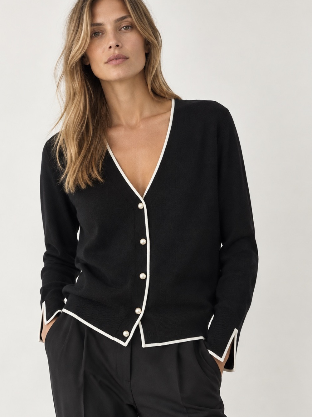 Zara Contrasting Pearl Button Knit Cardigan Sweater in Black
